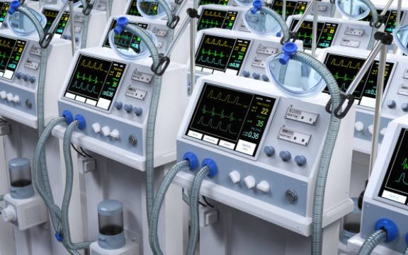 3d rendering group of ventilator machines in hospital